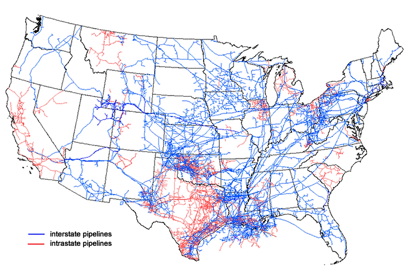 Map of U.S. interstate and intrastate natural gas pipelines from U.S. Energy Information Administration, About U.S. Natural Gas Pipelines.
